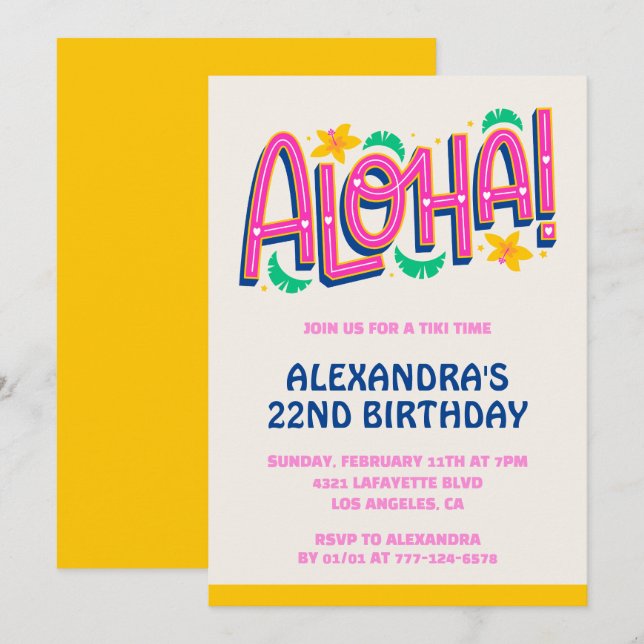Einladungen zum 22. Geburtstag Tropical Aloha Hawa (Vorne/Hinten)