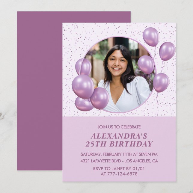 Einladungen zum 25. Geburtstag Balloons Foto Lila (Vorne/Hinten)