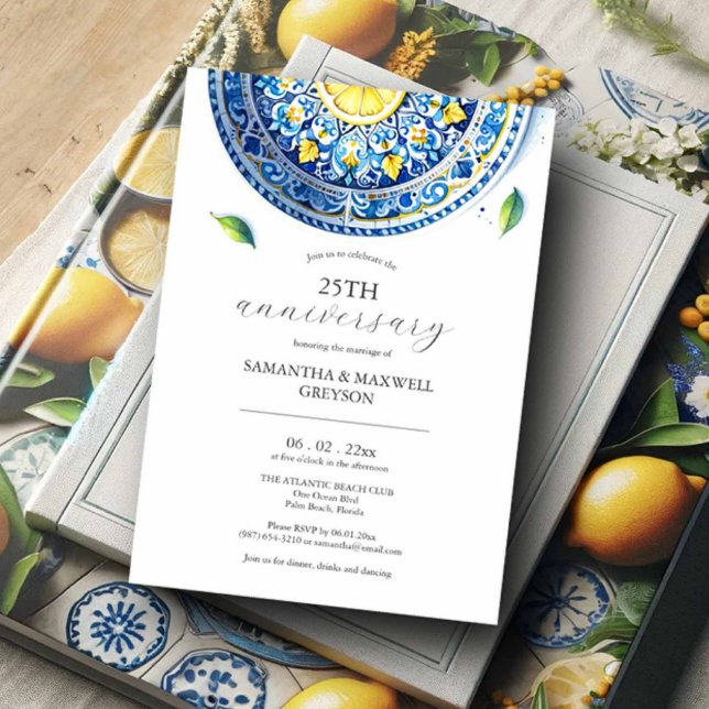 Einladungen zum 25. Hochzeitstag (25th wedding anniversary invitations blue and yellow lemon theme with plate Victoria Grigaliunas )