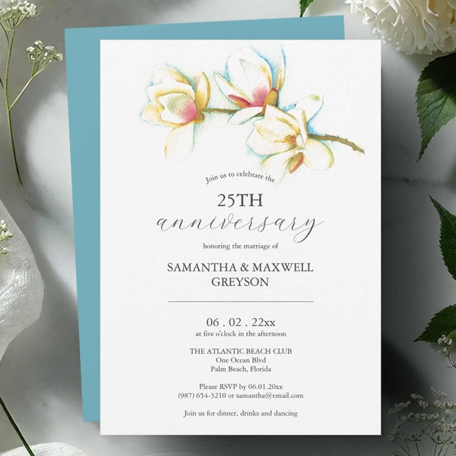 Einladungen zum 25. Hochzeitstag (Wedding anniversary invitations watercolor white magnolia flower art by Victoria Grigaliunas)