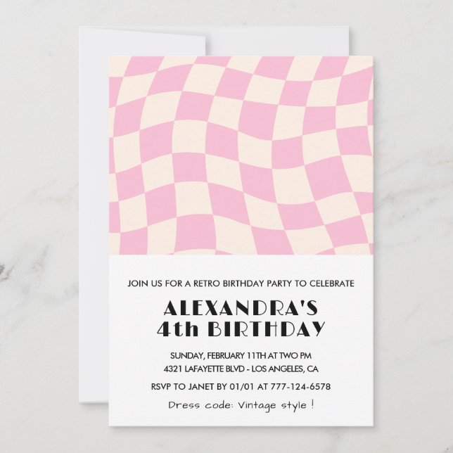 Einladungen zum 4. Geburtstag Checkered Retro Pink (Vorderseite)