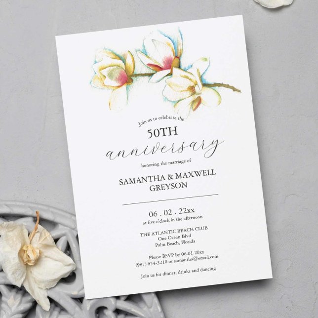 Einladungen zum 50. Hochzeitstag (50th Wedding Anniversary invitations feature unique watercolor white flowers by Victoria Grigaliunas)
