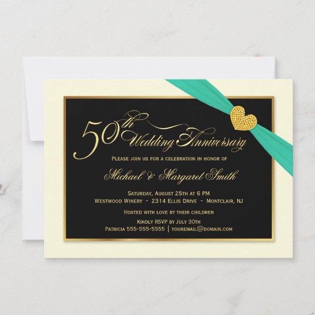 Einladungen zum 50. Hochzeitstag Aqua Ribbon (Vorderseite)