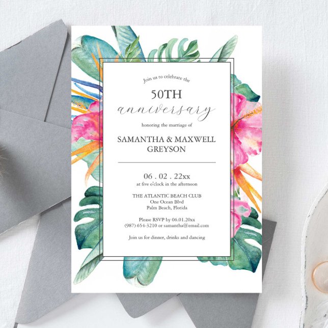 Einladungen zum 50. Jahrestag der Hochzeit tropisc (50th anniversary wedding anniversary invitations watercolor  tropical flowers and palm leaves)