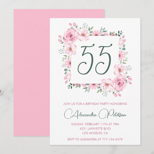 Einladungen zum 55. Geburtstag Floral Elegant Pink (Vorne/Hinten)