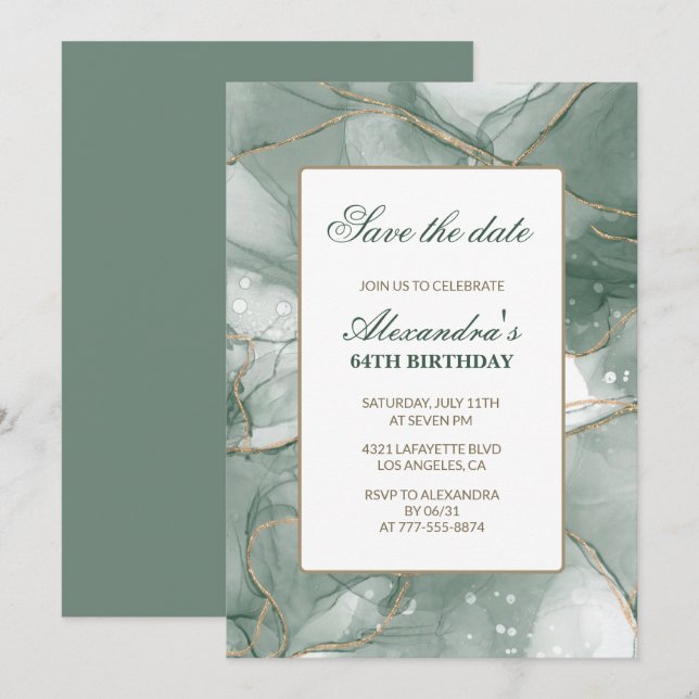 Einladungen zum 64. Geburtstag Save the Date Green (Vorne/Hinten)
