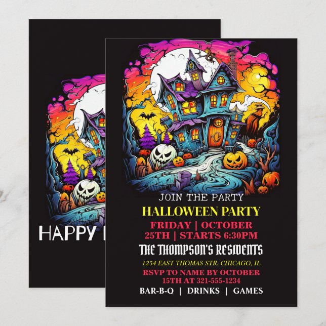 Einladungen zum beängstigenden Spuk Haus Halloween (Vorne/Hinten)