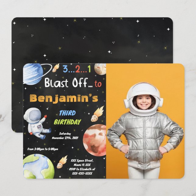 Einladungen zum Editierbaren Space-Foto (Vorne/Hinten)