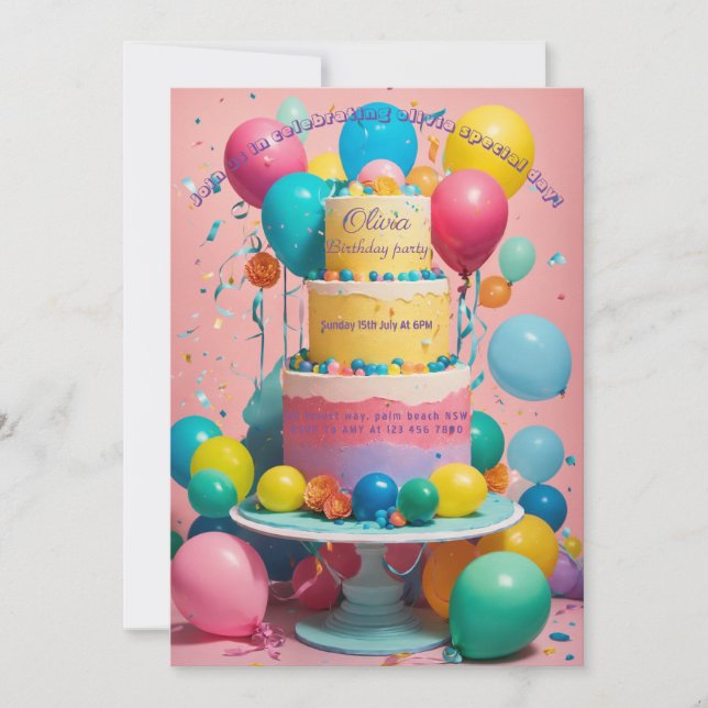 Einladungen zum Geburtstag: Kuchen- und Ballondesi (Vorderseite)