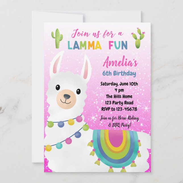 Einladungen zum Geburtstag von Llama (rosa Glitzer (Vorderseite)