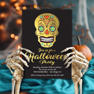 Einladungen zum Gold Foil Skull Halloween-Party