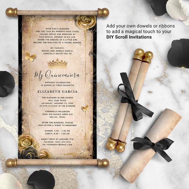 Einladungen zum Golden und Black Quinceanera DIY S (DIY scrolls do not come with dowels. Add your own or roll up with a ribbon for a personalized touch!)
