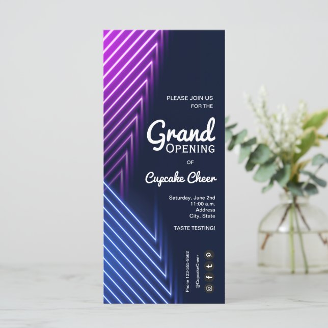 Einladungen zum Grand Opening Pink Lila Neon (Stehend Vorderseite)