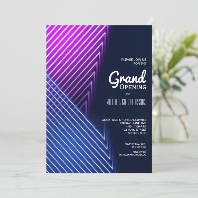 Einladungen zum Grand Opening Pink Lila Neon (Stehend Vorderseite)