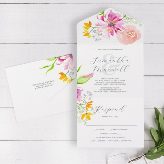Einladungen zum Hochzeitsfeiern mit rosa RSVP-Kart (Affordable wedding invitation with rsvp card watercolor pink floral art by Victoria Grigaliunas)