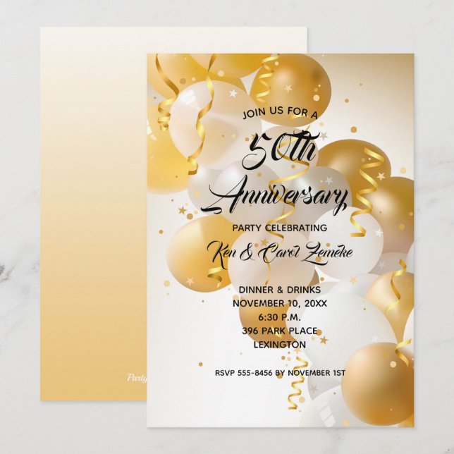 Einladungen zum Jubiläum von Gold & White Balloons (Vorne/Hinten)