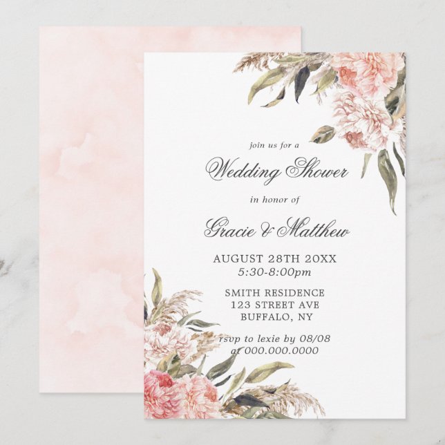 Einladungen zum neutralen Boho Pink Peony Polterab (Vorne/Hinten)