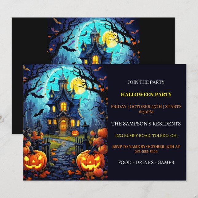 Einladungen zum Old Spuk House Halloween-Party (Vorne/Hinten)