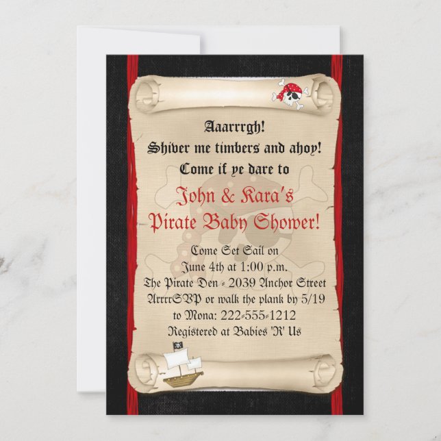 Einladungen zum Piratenschiff Babydusche - Red Sku (Vorderseite)