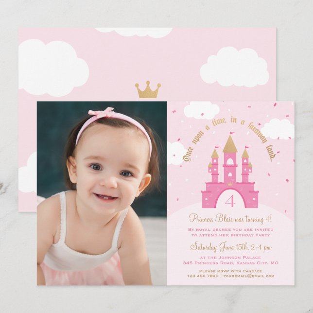 Einladungen zum Princess Party Foto | Rosa und Gol (Vorne/Hinten)