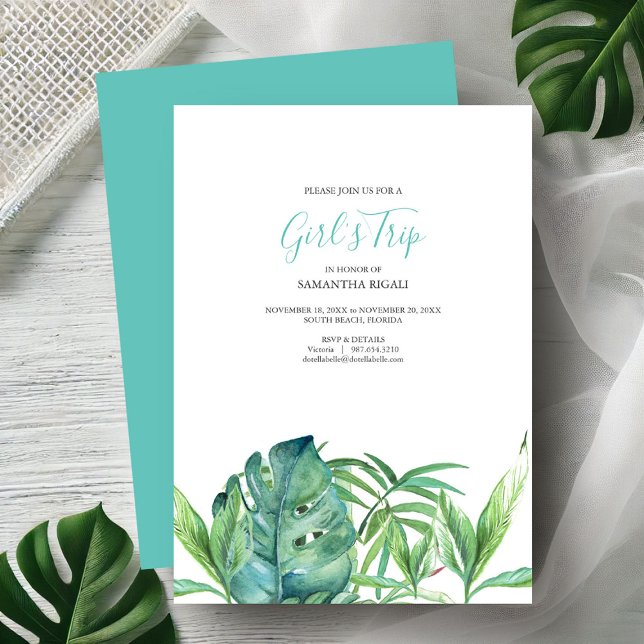 Einladungen zum Tropical Beach Junggeselinnen-Absc (Bachelorette party invitations watercolor tropical monstera palm leave art by Victoria Grigaliunas)