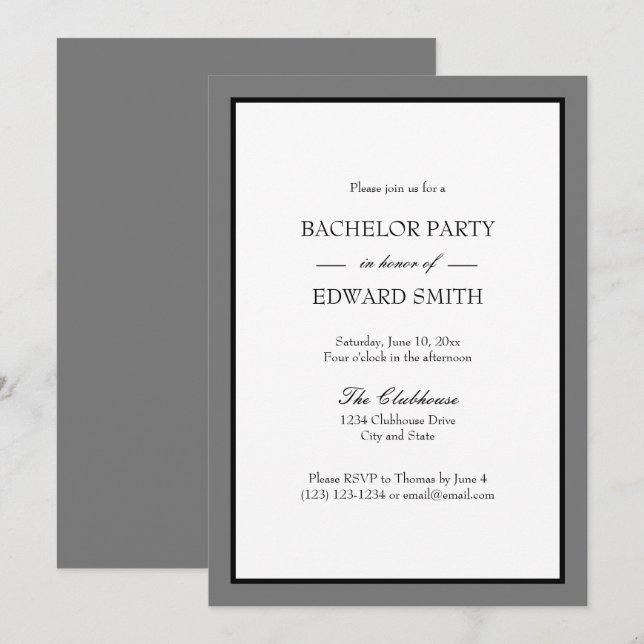 Einladungen zur Bachelor Party in Gray Black Borde (Vorne/Hinten)