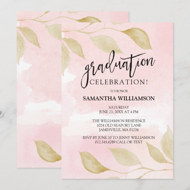 Einladungen zur Blush Pink and Gold Graduation Par (Vorne/Hinten)
