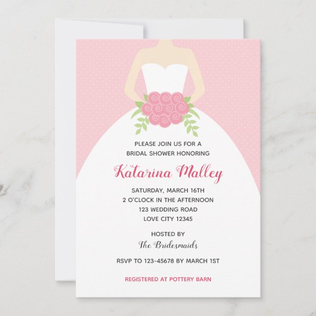 Einladungen zur Brautdusche (Hochzeitskleid in Ros (Vorderseite)