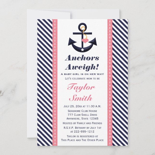 Einladungen zur Dusche des rosa Navy Anchor Nautic (Vorderseite)