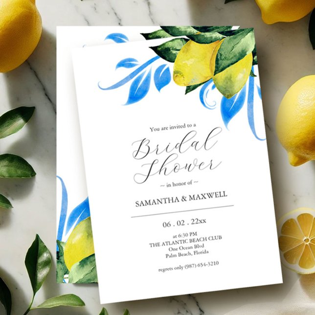 Einladungen zur Dusche in Blau und Gelb (Bridal shower invitations watercolor lemons by Victoria Grigaliunas of Do Tell A Belle)