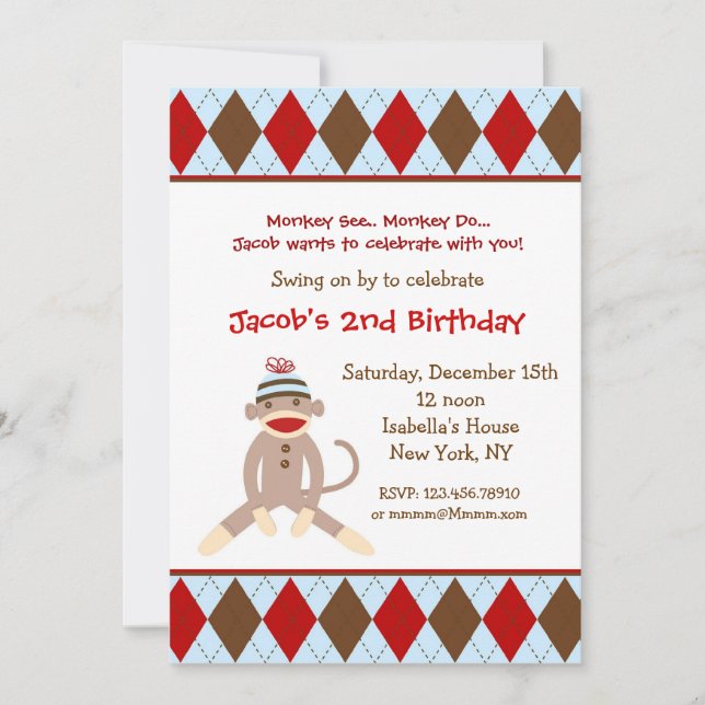 Einladungen zur Geburtstagsparty von Sock Monkey (Vorderseite)