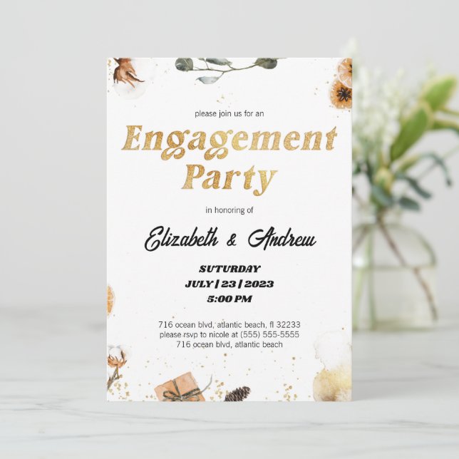 Einladungen zur Gold Floral Christmas Engagement (Stehend Vorderseite)
