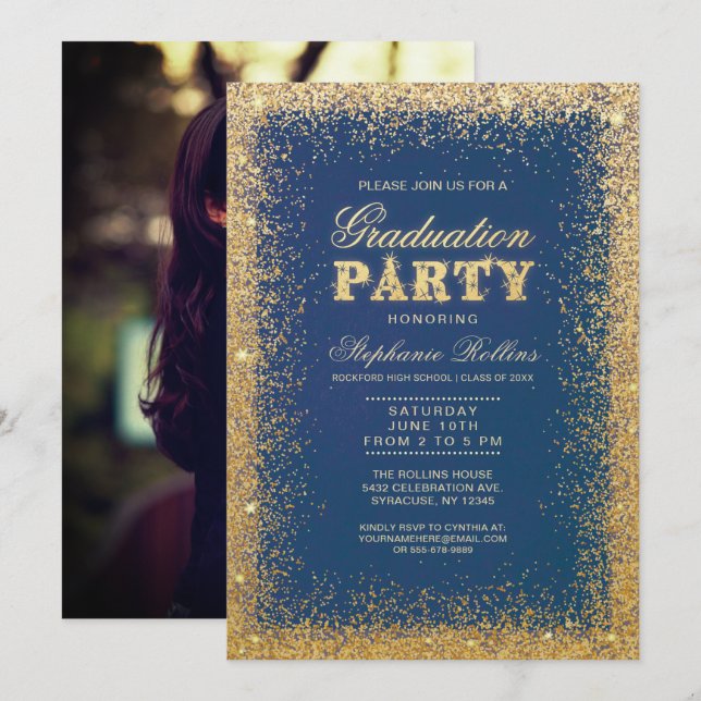 Einladungen zur Gold & Glitzer Graduation Party -  (Vorne/Hinten)