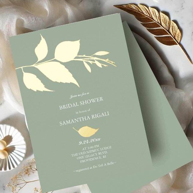 Einladungen zur grünen Brautdusche (Sage green bridal shower invitations gold foil leaves)