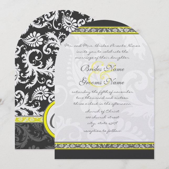 Einladungen zur Hochzeit in Grau und Gelb (Vorne/Hinten)