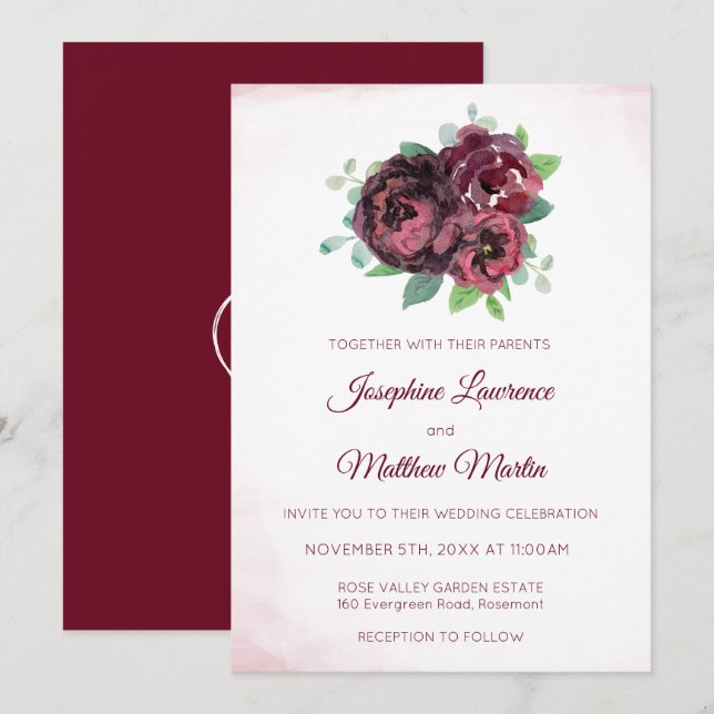 Einladungen zur Hochzeit von Burgundy Rose Bouquet (Vorne/Hinten)