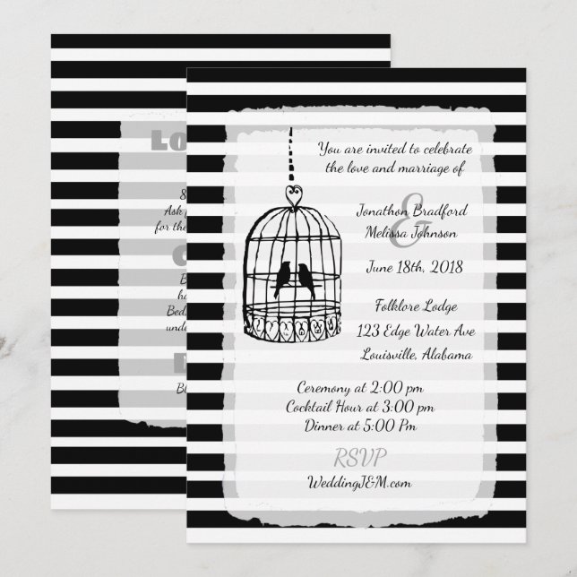 Einladungen zur Hochzeit von Schwarz-Weiß-Birdcage (Vorne/Hinten)