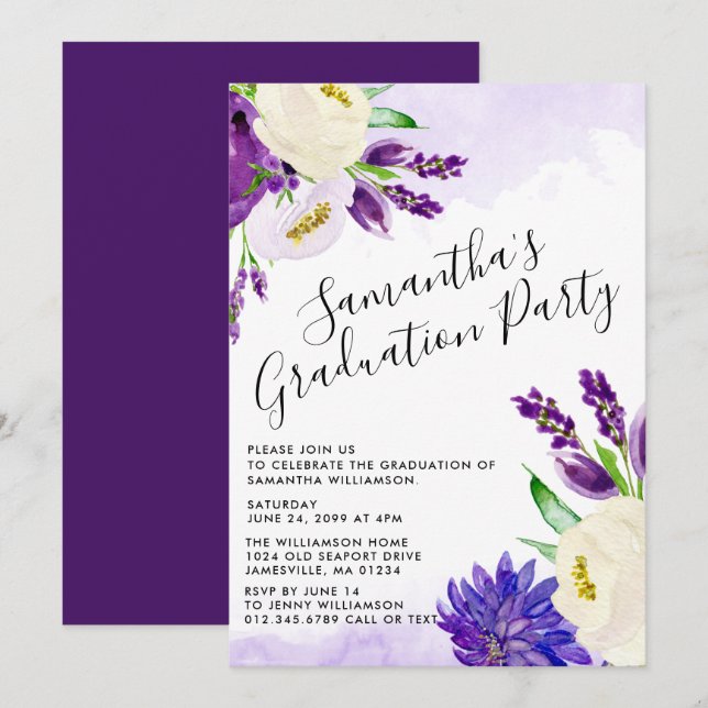 Einladungen zur lila Boho Floral Graduation Party (Vorne/Hinten)