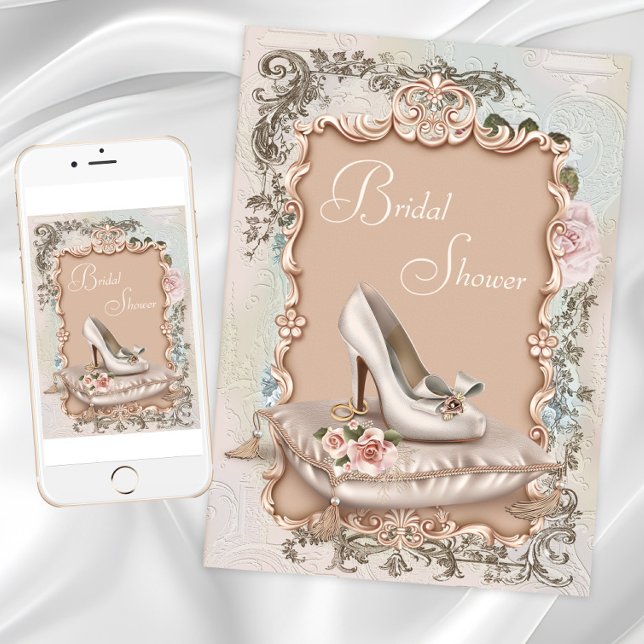 Einladungen zur Vintagen Brautdusche (Vintage Shoe Bridal Shower Invitations with pretty shoe and vintage background. Digital and Print.)