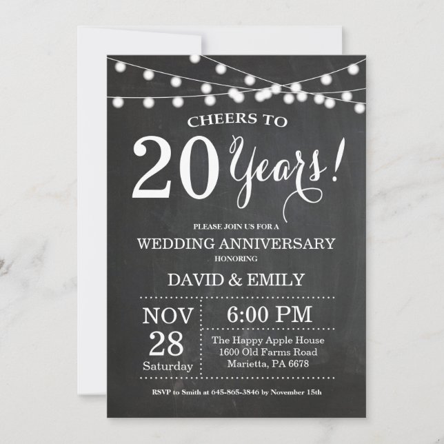 Einladungs-Chalkboard zum 20. Hochzeitstag Einladung (Vorderseite)