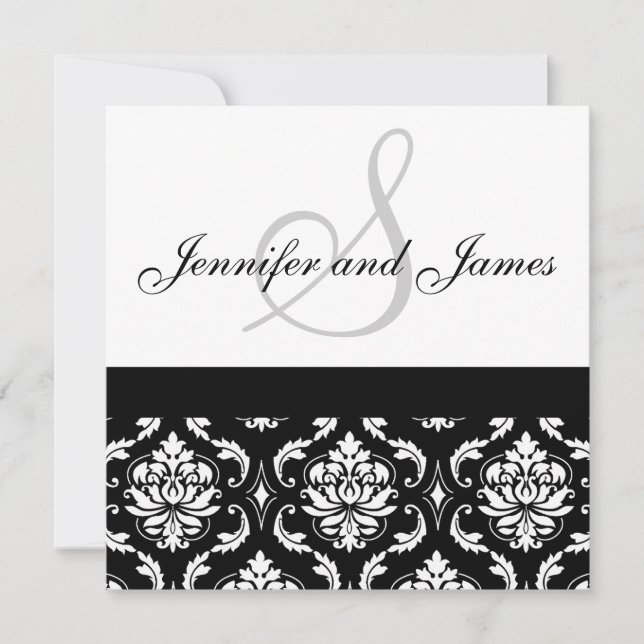 Einladungs-Monogram-Namen Black Damask Einladung (Vorderseite)