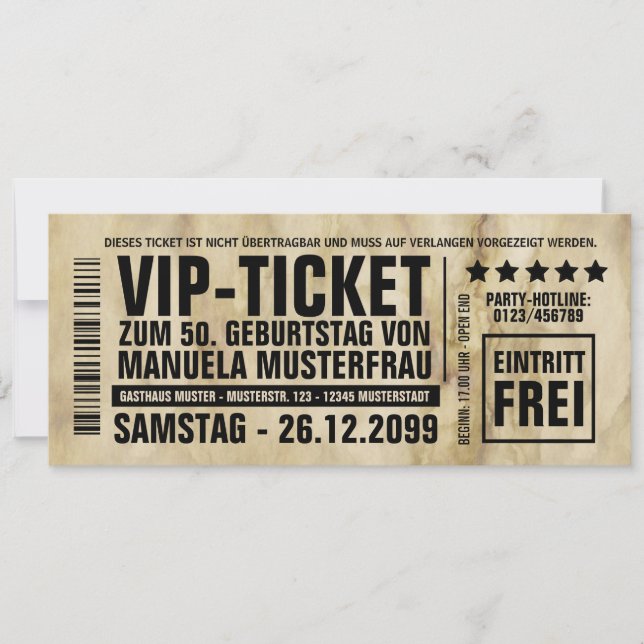 Einladungskarte 50. Geburtstag VIP-Ticket (Vorderseite)