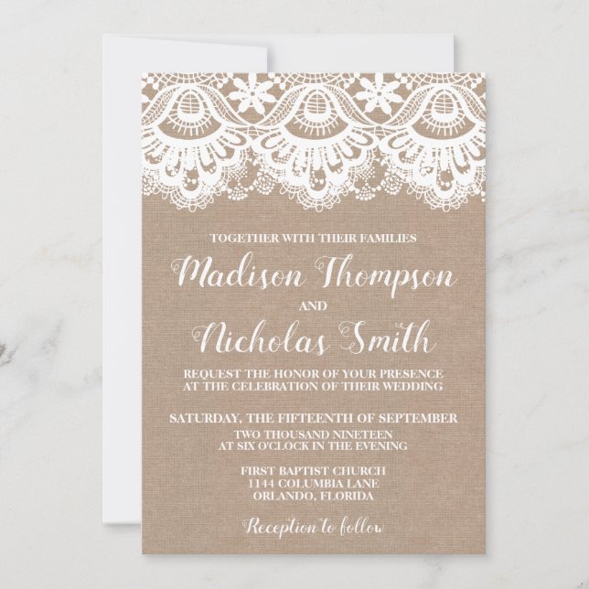 Einladungskarte für Burlap- und Spitzen-Hochzeit,  (Vorderseite)