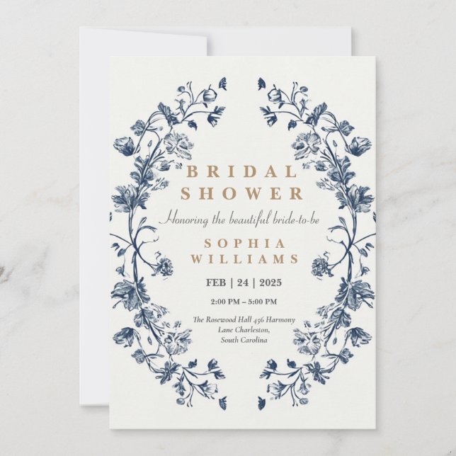 Einladungskarte für den Elegant Blue Floral Polter (Vorderseite)