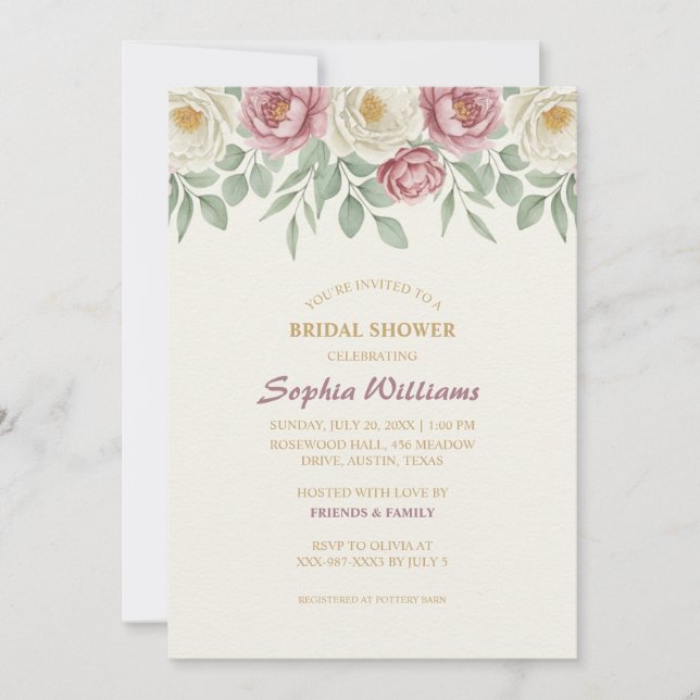 Einladungskarte für Dusty Rose Peony Bridal (Vorderseite)