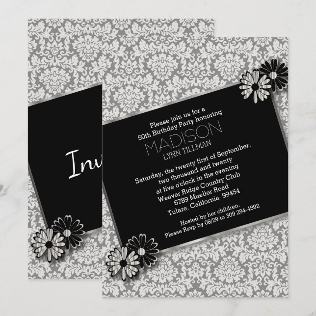 Einladungskarte für elegantes Damask-Party (Vorne/Hinten)
