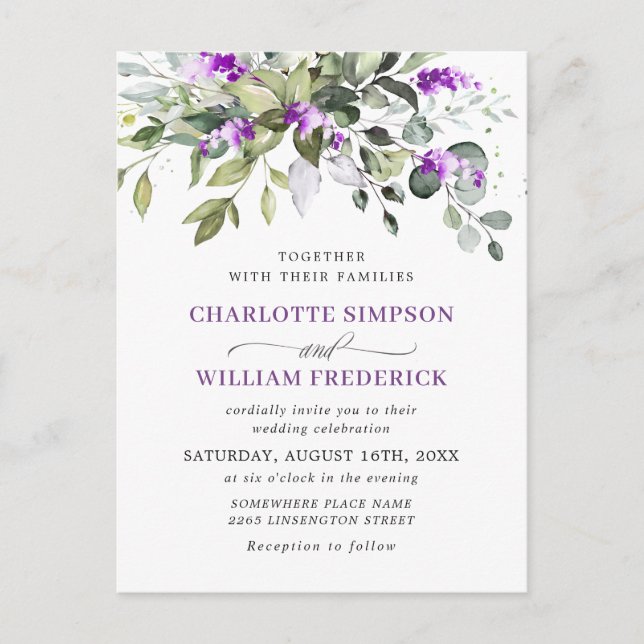 Einladungskarte für Eukalyptus Lavender Floral Wed (Vorderseite)