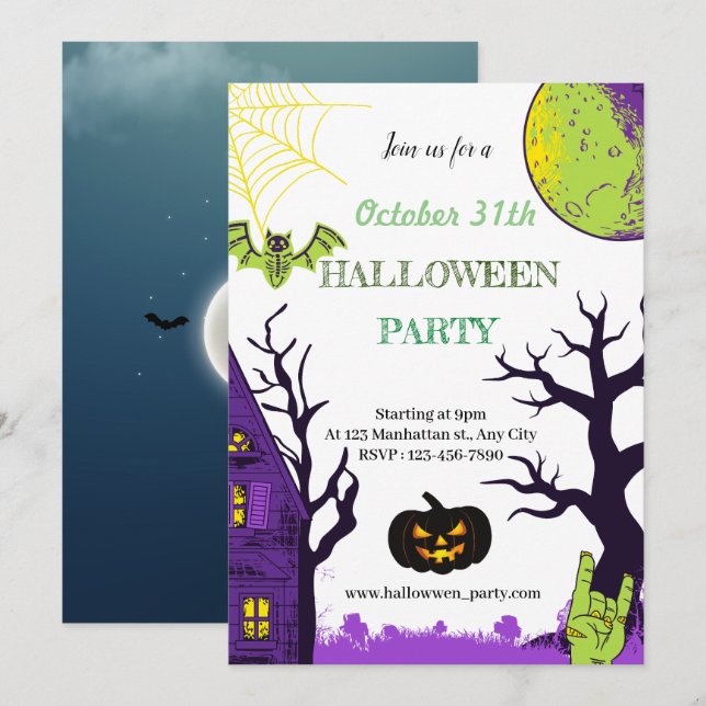 Einladungskarte für Halloween-Party (Vorne/Hinten)