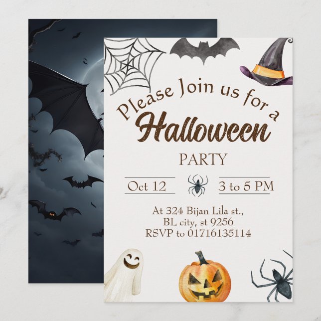 Einladungskarte für Halloween-Party (Vorne/Hinten)