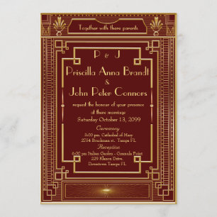 Einladungskarte für Hochzeiten, Gatsby, RED, Gold